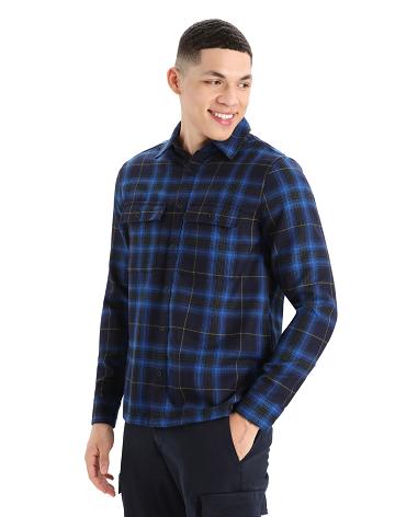 Pánské Mikiny S Kapucí Icebreaker Merino Dawnder Long Sleeve Flannel Shirt Plaid Tmavě Blankyt | CZ 1692FDNM